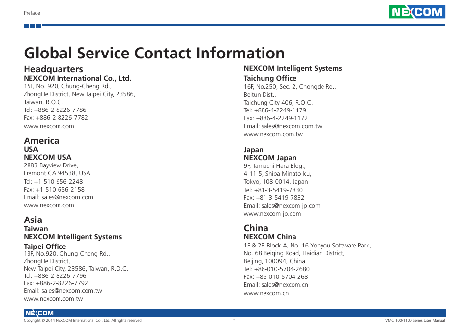 Global service contact information, Headquarters, America | Asia, China | NEXCOM VMC 100 User Manual | Page 11 / 113