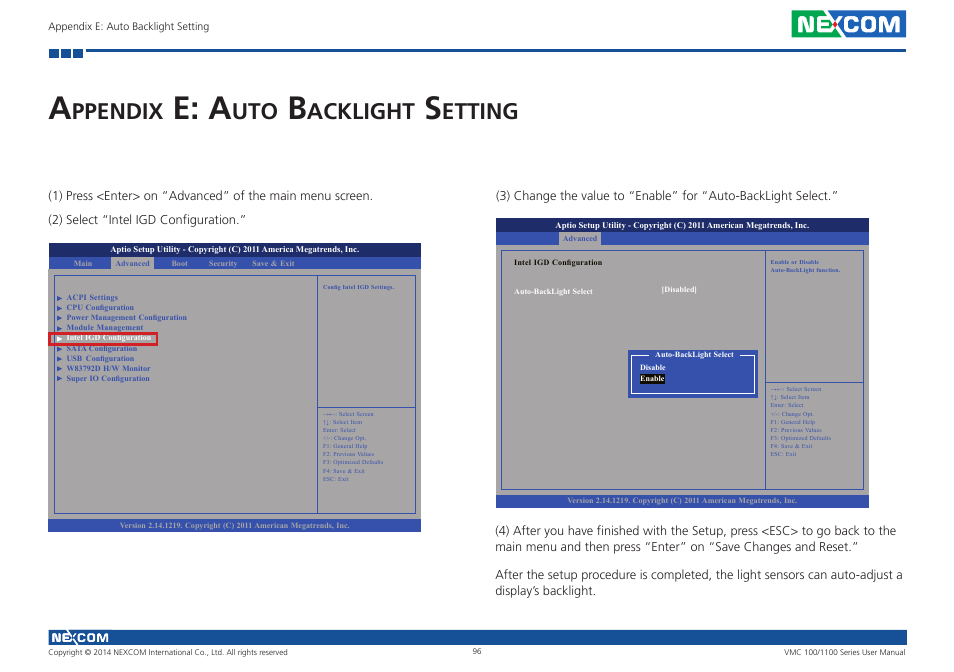 Appendix e: auto backlight setting, E: a, Ppendix | Acklight, Etting | NEXCOM VMC 100 User Manual | Page 110 / 113