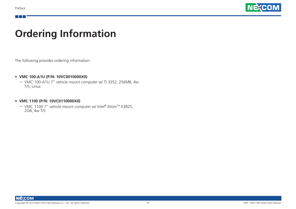 Ordering information | NEXCOM VMC 100 User Manual | Page 14 / 113