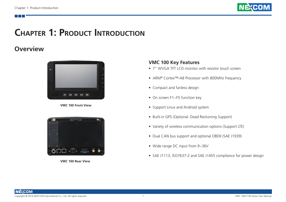 Chapter 1: product introduction, Overview, Vmc 100 key features | Hapter, Roduct, Ntroduction | NEXCOM VMC 100 User Manual | Page 15 / 113