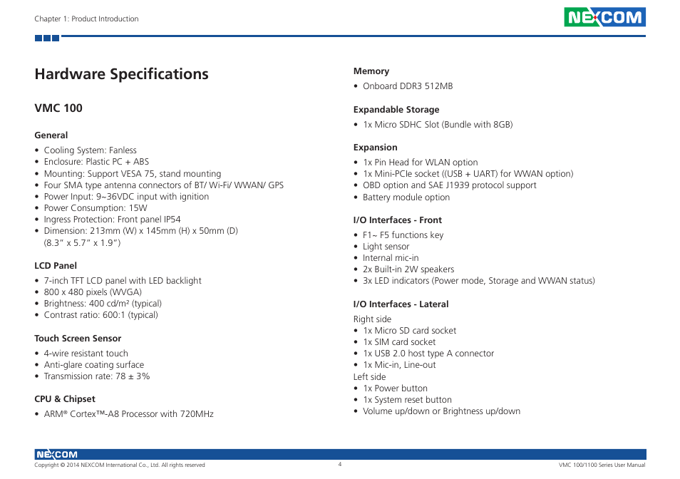 Hardware specifications, Vmc 100 | NEXCOM VMC 100 User Manual | Page 18 / 113