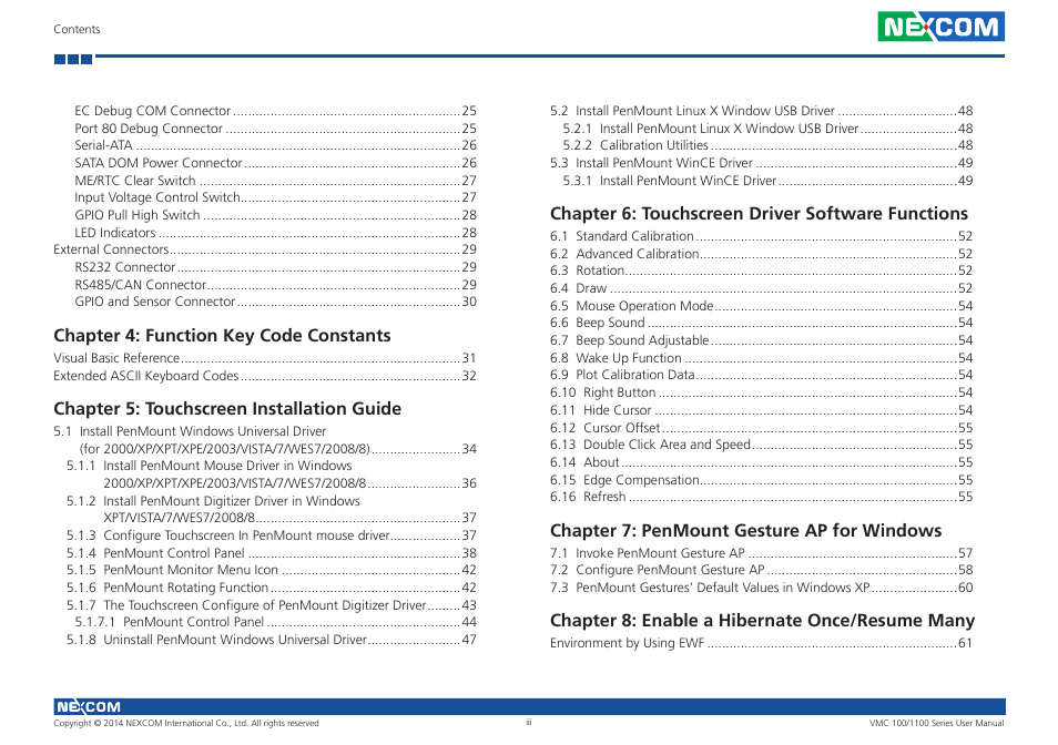 Chapter 4: function key code constants, Chapter 5: touchscreen installation guide, Chapter 6: touchscreen driver software functions | Chapter 7: penmount gesture ap for windows, Chapter 8: enable a hibernate once/resume many | NEXCOM VMC 100 User Manual | Page 3 / 113