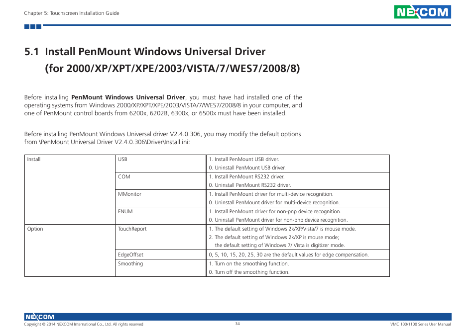 1 install penmount windows universal driver, For 2000/xp/xpt/xpe/2003/vista/7/wes7/2008/8) | NEXCOM VMC 100 User Manual | Page 48 / 113