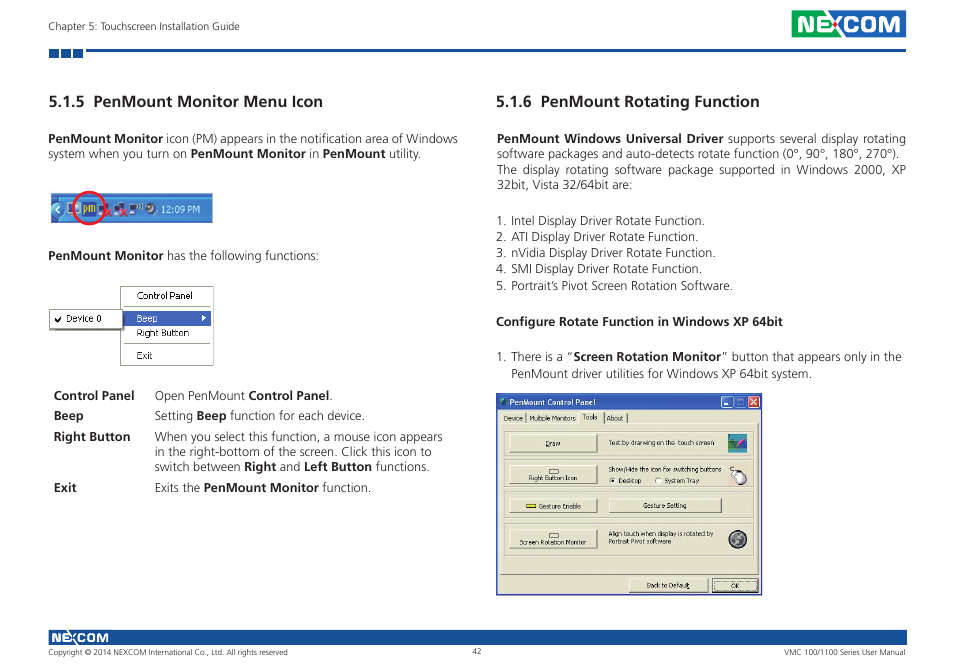 5 penmount monitor menu icon, 6 penmount rotating function | NEXCOM VMC 100 User Manual | Page 56 / 113