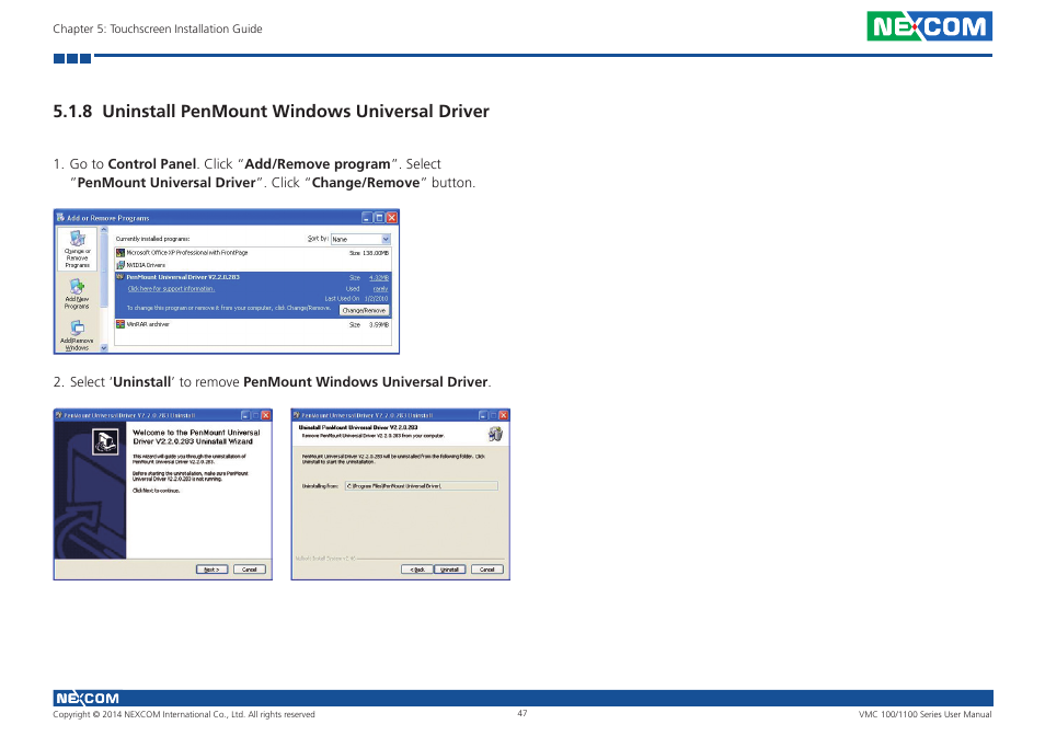 8 uninstall penmount windows universal driver | NEXCOM VMC 100 User Manual | Page 61 / 113