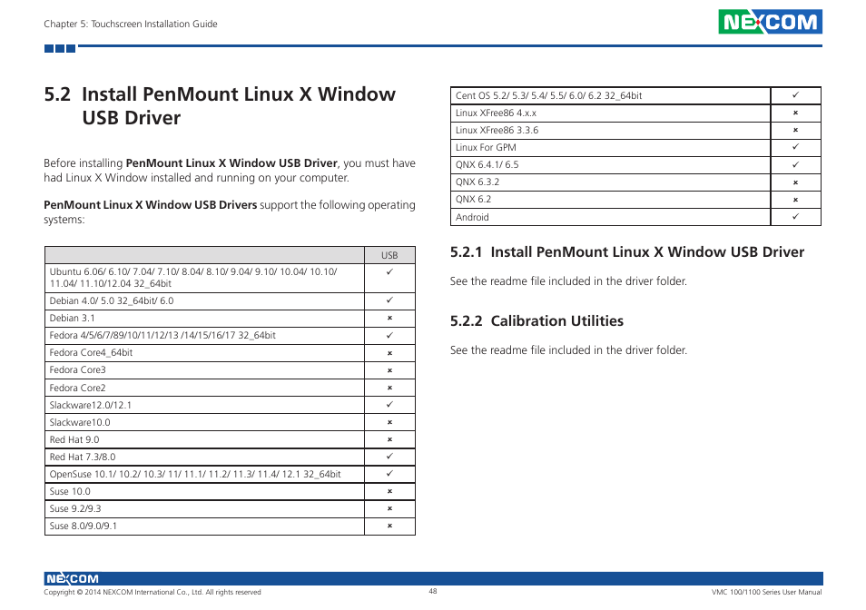 2 install penmount linux x window usb driver, 1 install penmount linux x window usb driver, 2 calibration utilities | NEXCOM VMC 100 User Manual | Page 62 / 113