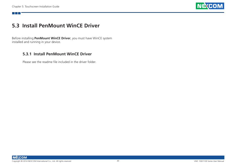 3 install penmount wince driver, 1 install penmount wince driver | NEXCOM VMC 100 User Manual | Page 63 / 113