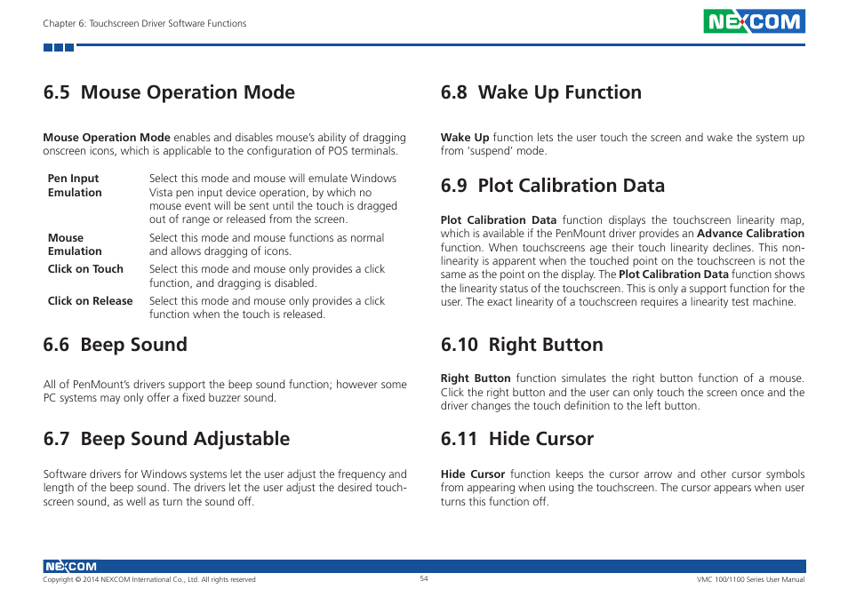 5 mouse operation mode, 6 beep sound, 7 beep sound adjustable | 8 wake up function, 9 plot calibration data, 10 right button, 11 hide cursor | NEXCOM VMC 100 User Manual | Page 68 / 113