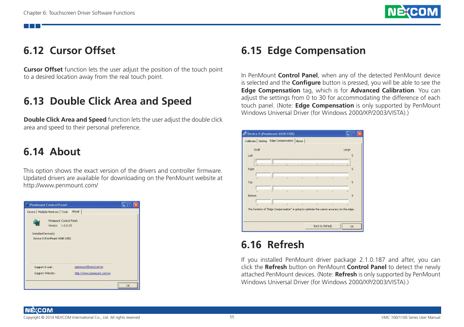 12 cursor offset, 13 double click area and speed, 14 about | 15 edge compensation, 16 refresh | NEXCOM VMC 100 User Manual | Page 69 / 113