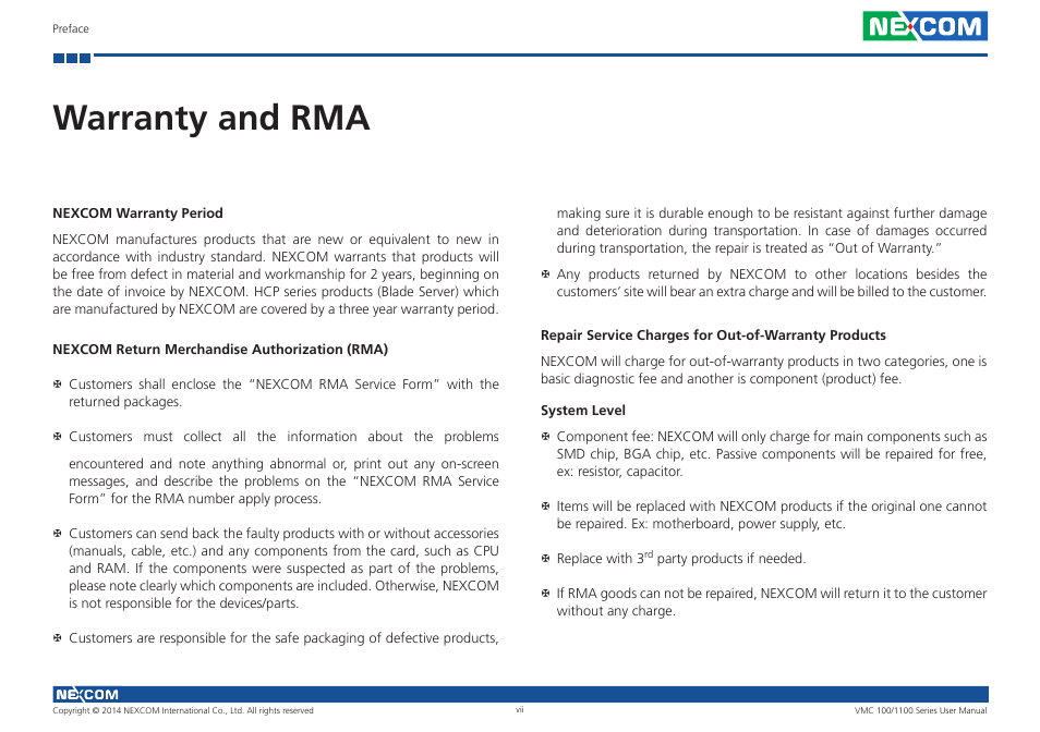 Warranty and rma | NEXCOM VMC 100 User Manual | Page 7 / 113