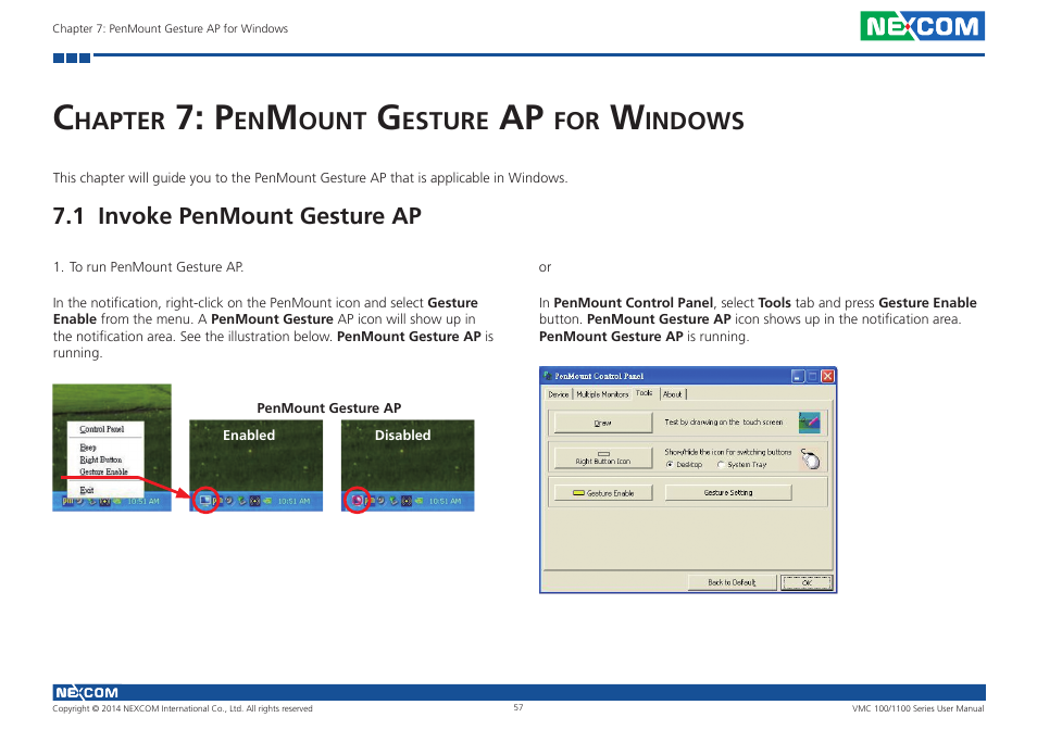 Chapter 7: penmount gesture ap for windows, 1 invoke penmount gesture ap | NEXCOM VMC 100 User Manual | Page 71 / 113