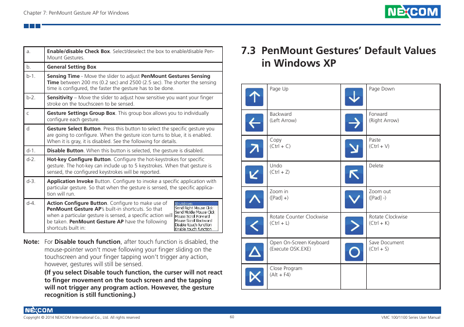 3 penmount gestures’ default values in windows xp | NEXCOM VMC 100 User Manual | Page 74 / 113