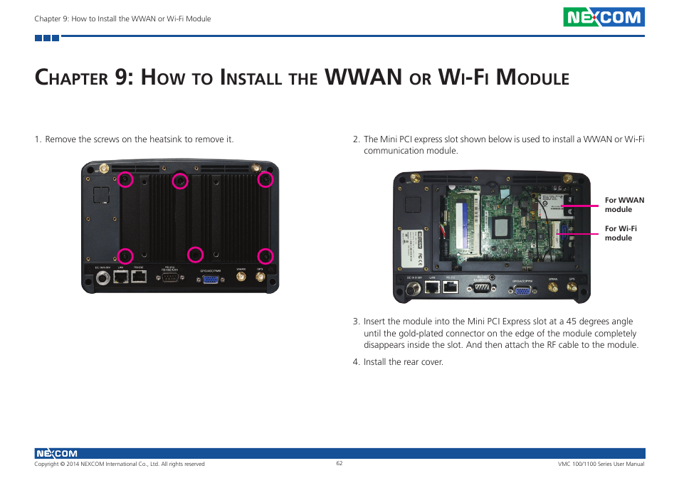 Chapter 9: how to install the wwan or wi-fi module, Wwan | NEXCOM VMC 100 User Manual | Page 76 / 113