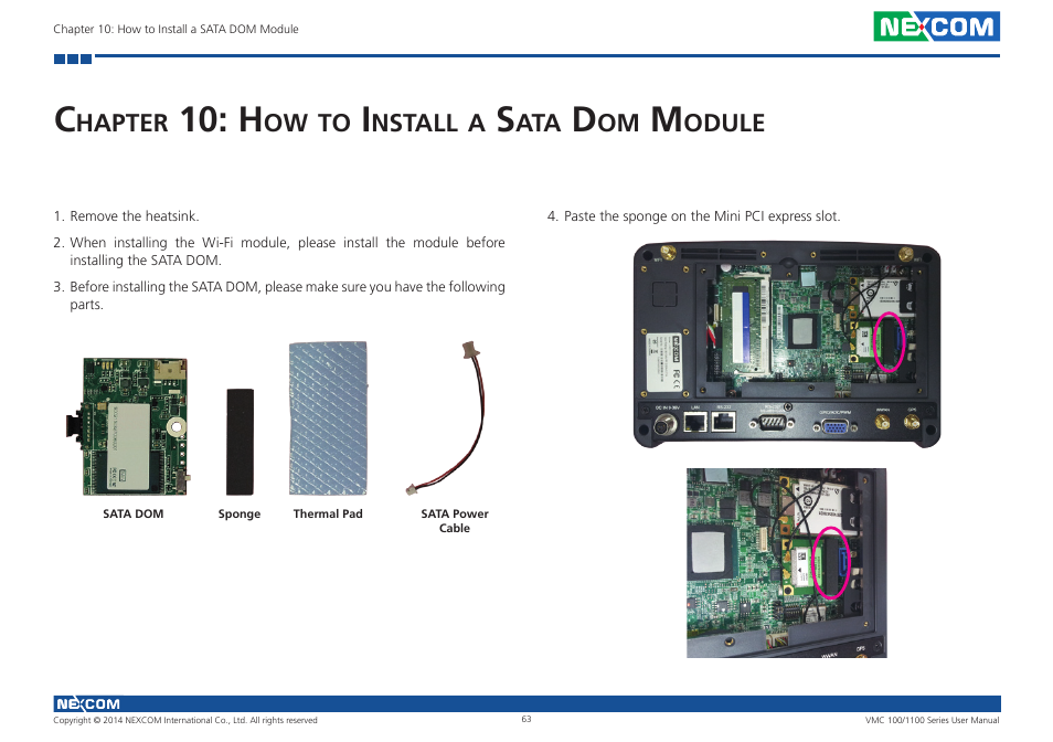 Chapter 10: how to install a sata dom module | NEXCOM VMC 100 User Manual | Page 77 / 113