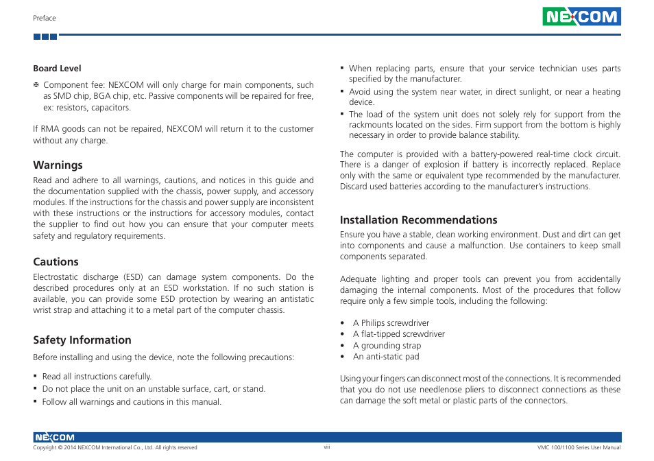 Safety information, Installation recommendations | NEXCOM VMC 100 User Manual | Page 8 / 113