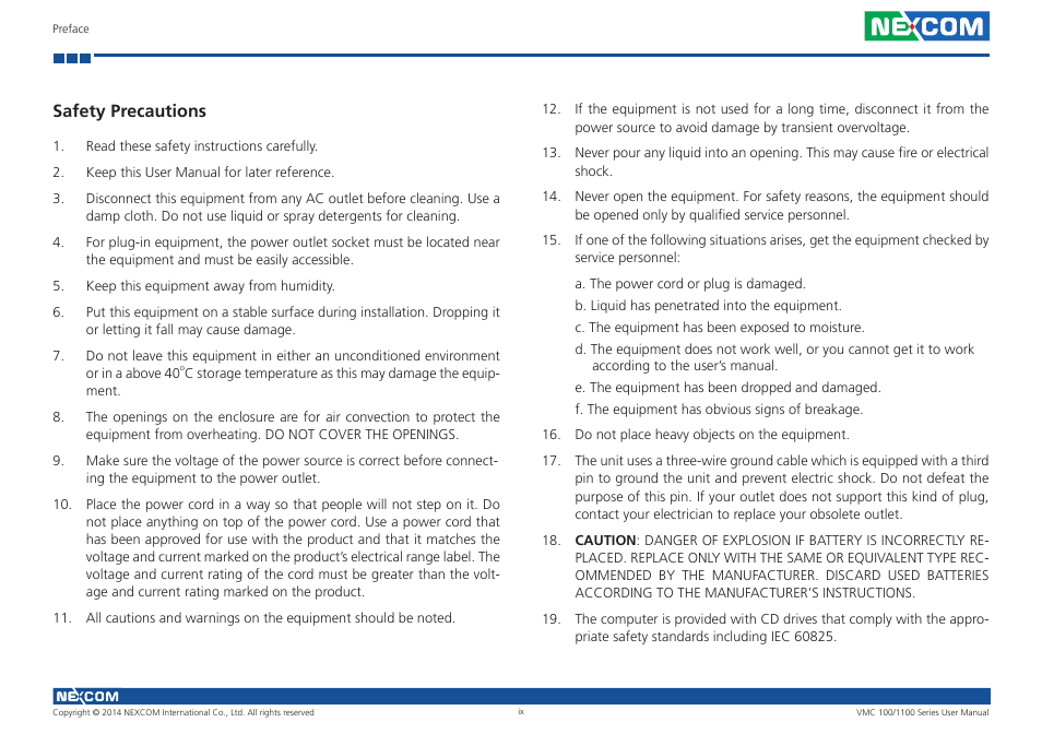 Safety precautions | NEXCOM VMC 100 User Manual | Page 9 / 113