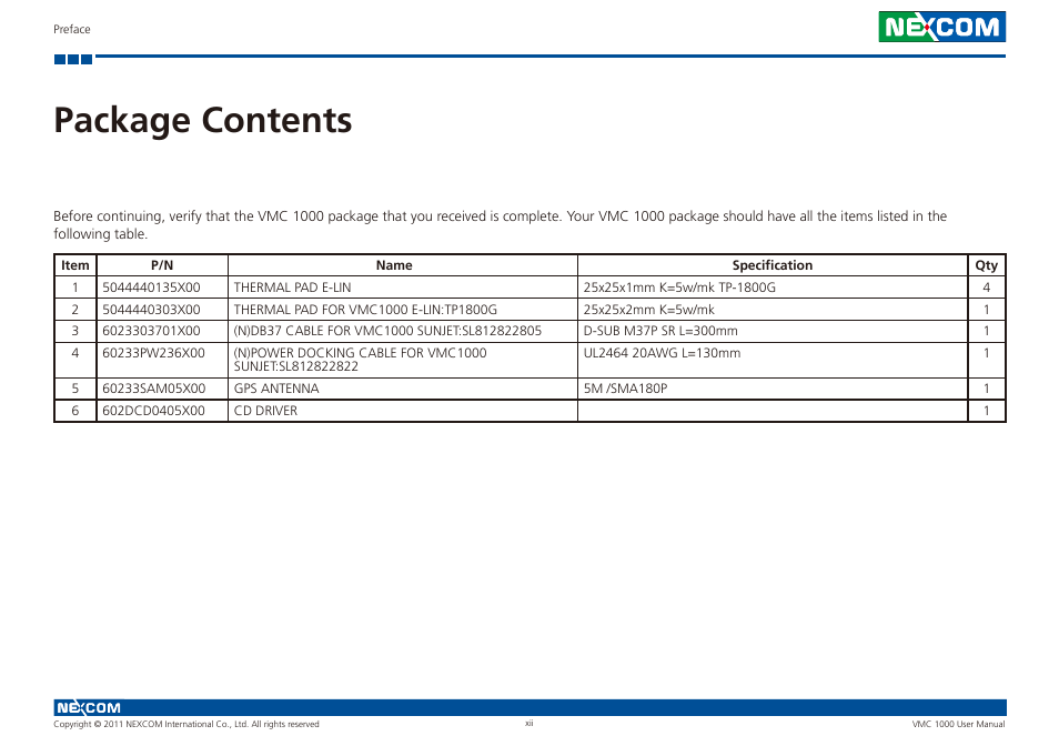 Package contents | NEXCOM VMC 1000 User Manual | Page 12 / 65