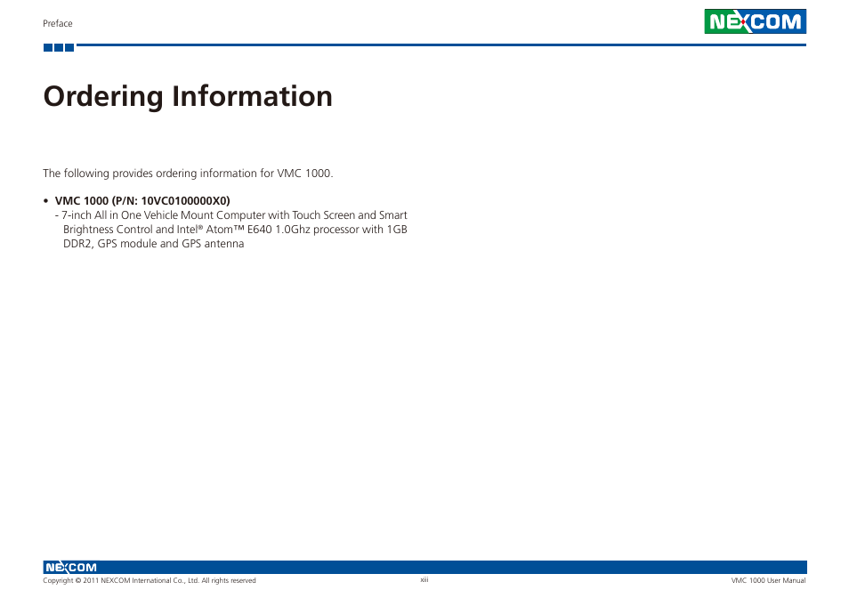 Ordering information | NEXCOM VMC 1000 User Manual | Page 13 / 65