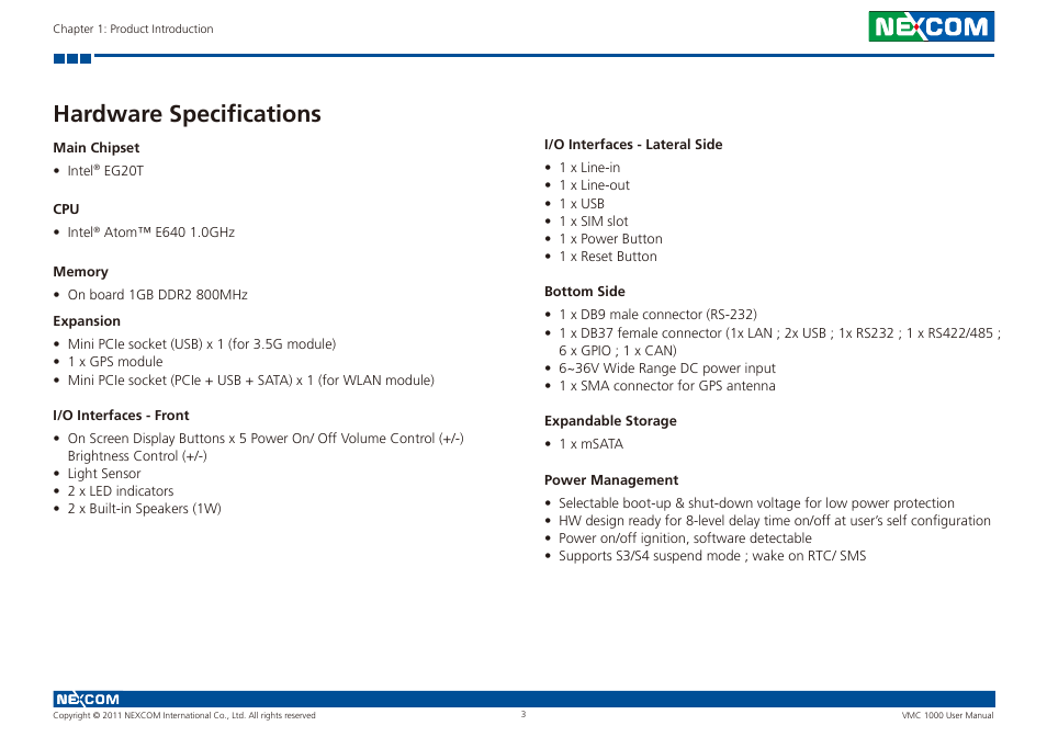 Hardware specifications | NEXCOM VMC 1000 User Manual | Page 16 / 65