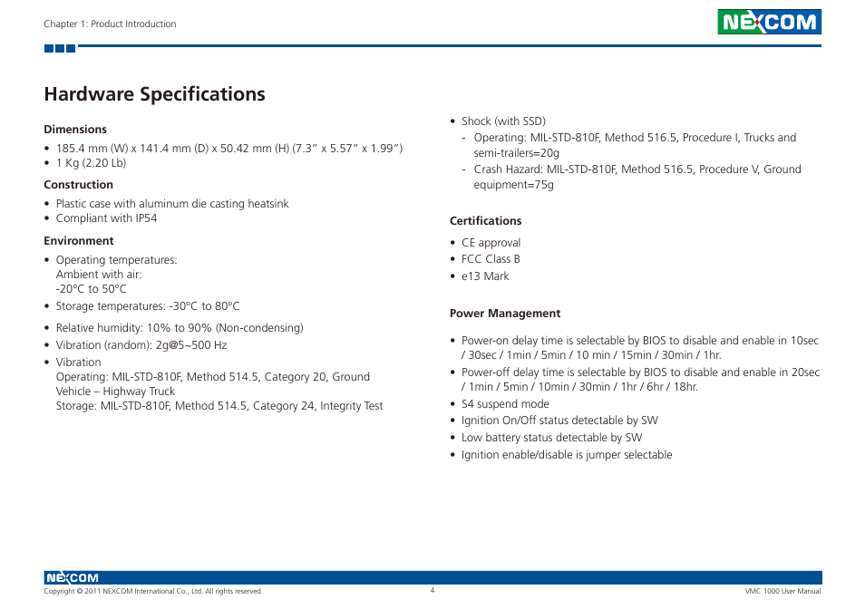 Hardware specifications | NEXCOM VMC 1000 User Manual | Page 17 / 65