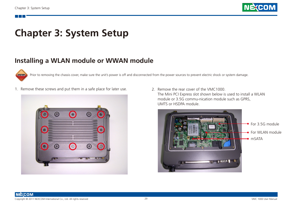 Chapter 3: system setup, Installing a wlan module or wwan module | NEXCOM VMC 1000 User Manual | Page 42 / 65