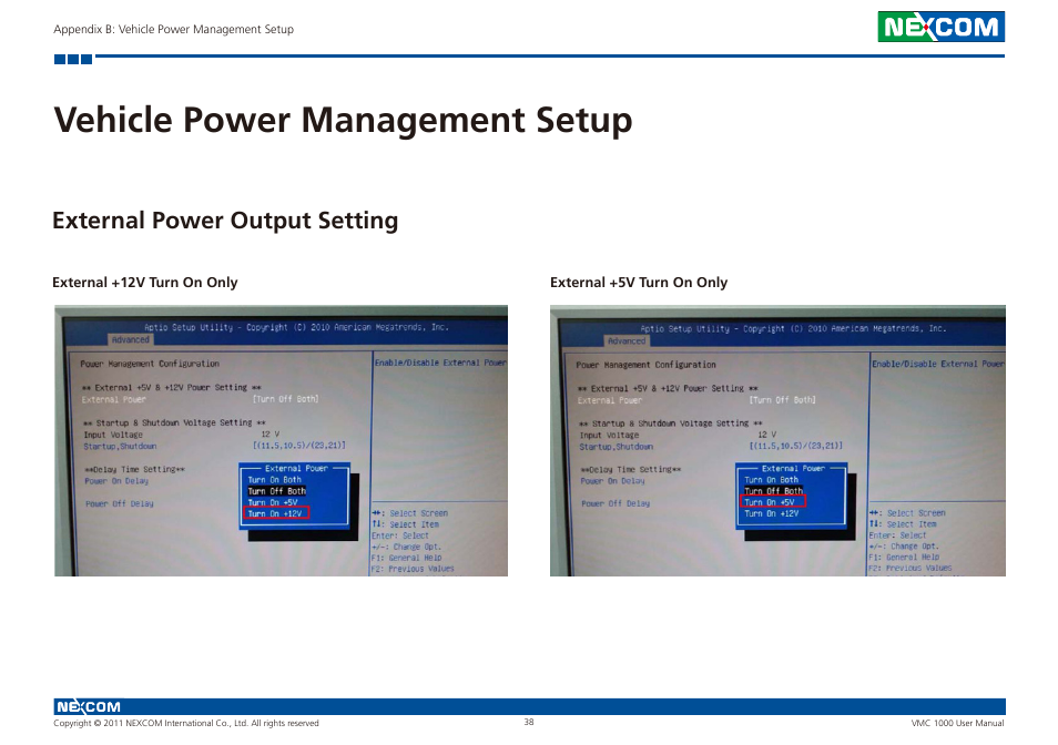 Vehicle power management setup, External power output setting | NEXCOM VMC 1000 User Manual | Page 51 / 65