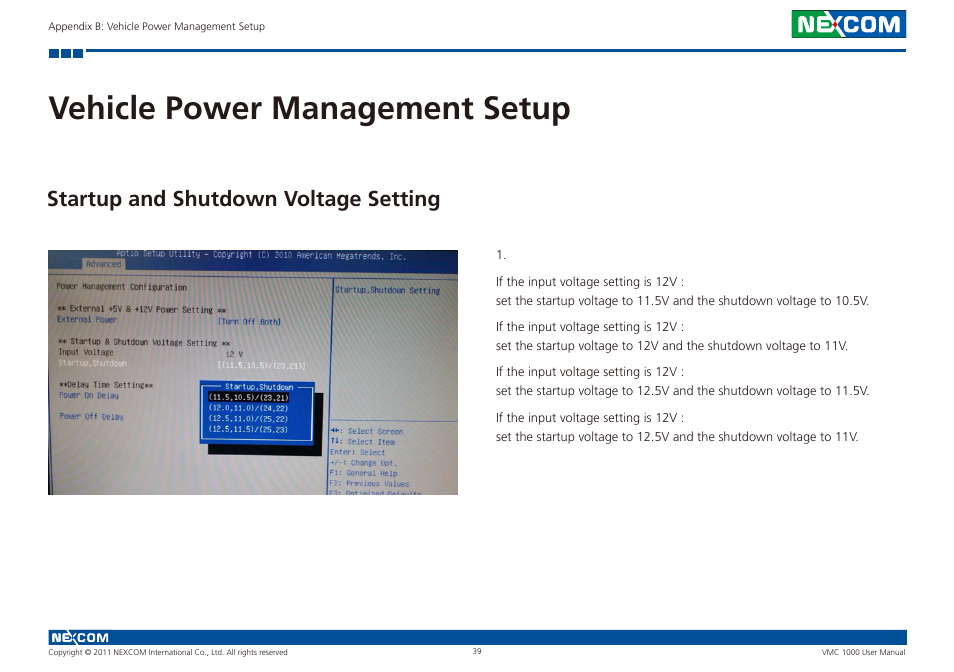 Vehicle power management setup, Startup and shutdown voltage setting | NEXCOM VMC 1000 User Manual | Page 52 / 65