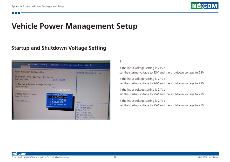 Vehicle power management setup, Startup and shutdown voltage setting | NEXCOM VMC 1000 User Manual | Page 53 / 65