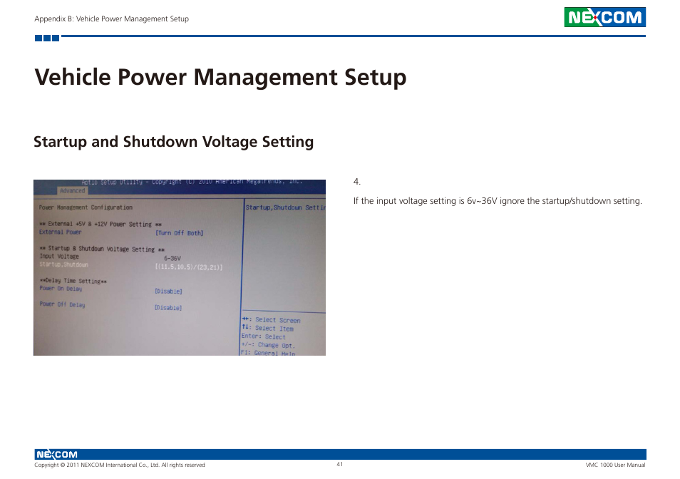 Vehicle power management setup, Startup and shutdown voltage setting | NEXCOM VMC 1000 User Manual | Page 54 / 65