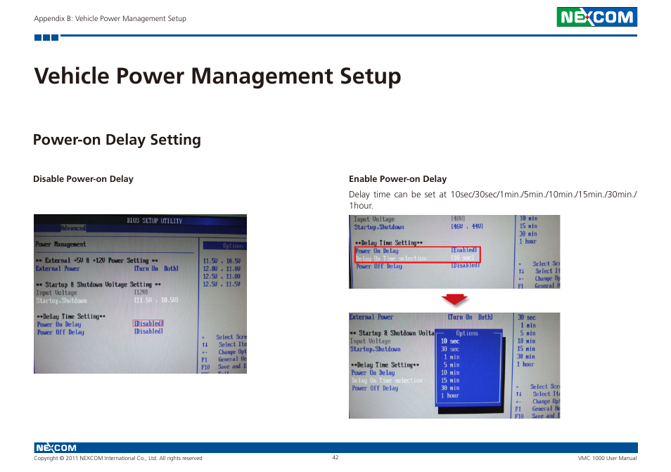 Vehicle power management setup, Power-on delay setting | NEXCOM VMC 1000 User Manual | Page 55 / 65