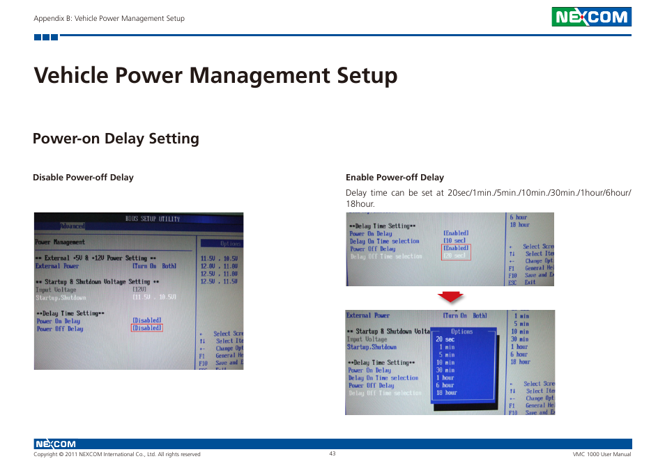 Vehicle power management setup, Power-on delay setting | NEXCOM VMC 1000 User Manual | Page 56 / 65