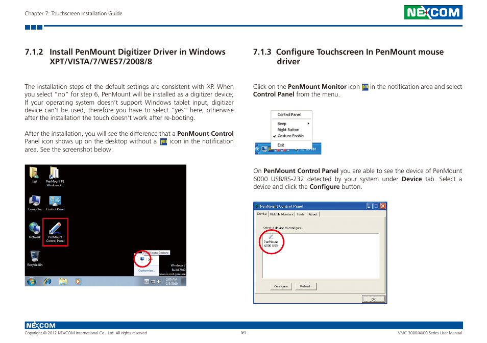 3 configure touchscreen in penmount mouse driver | NEXCOM VMC 3000/ 3001 User Manual | Page 110 / 190