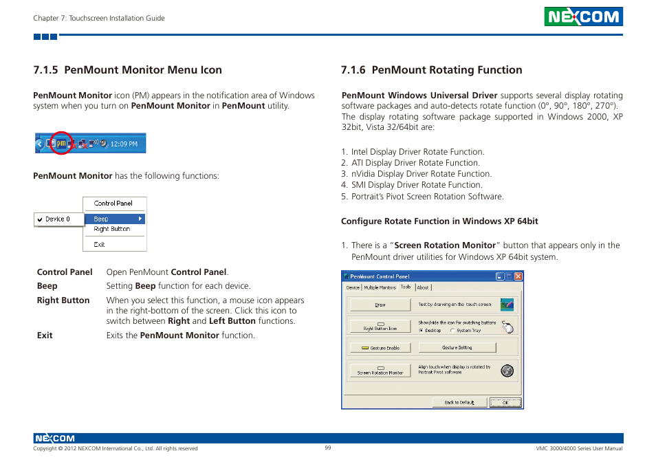 5 penmount monitor menu icon, 6 penmount rotating function | NEXCOM VMC 3000/ 3001 User Manual | Page 115 / 190