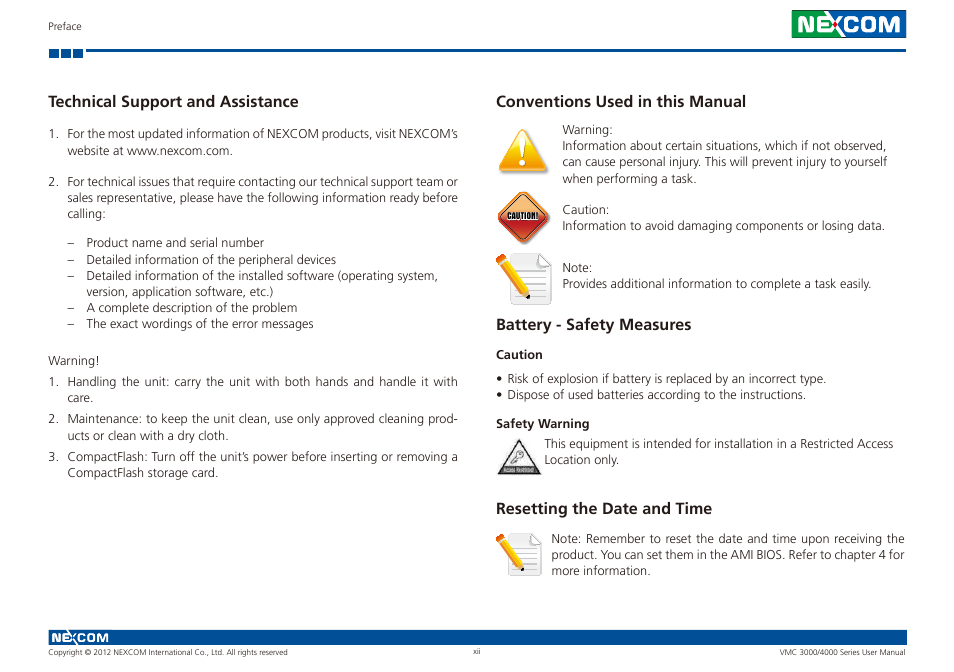 Technical support and assistance, Resetting the date and time | NEXCOM VMC 3000/ 3001 User Manual | Page 12 / 190