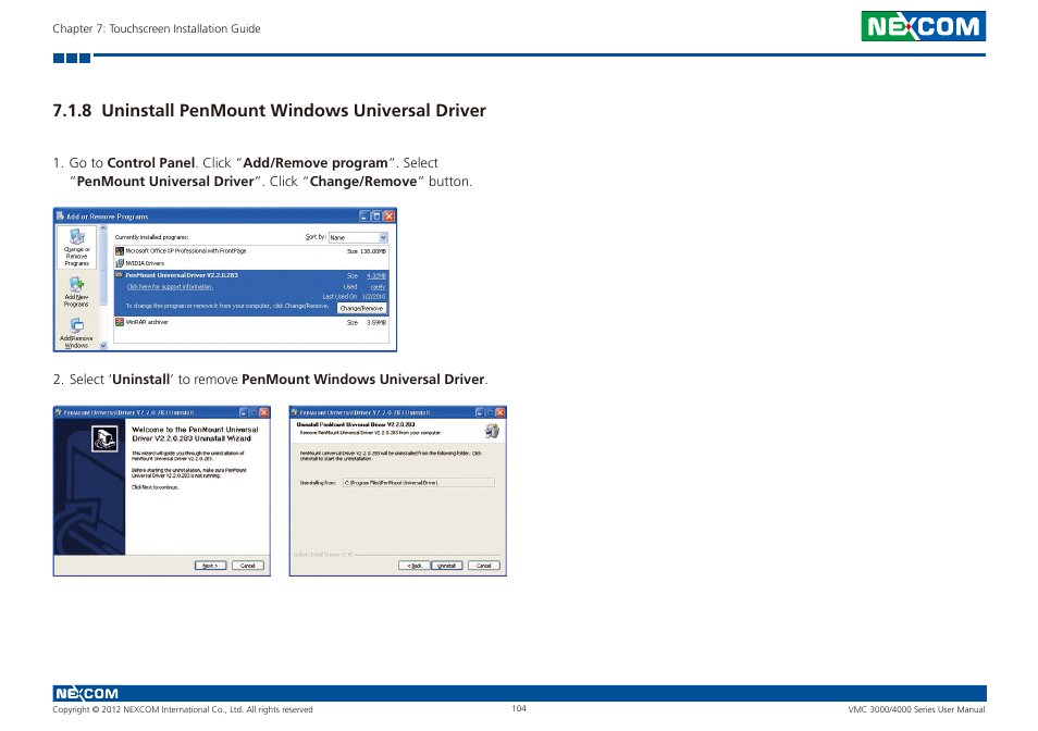 8 uninstall penmount windows universal driver | NEXCOM VMC 3000/ 3001 User Manual | Page 120 / 190