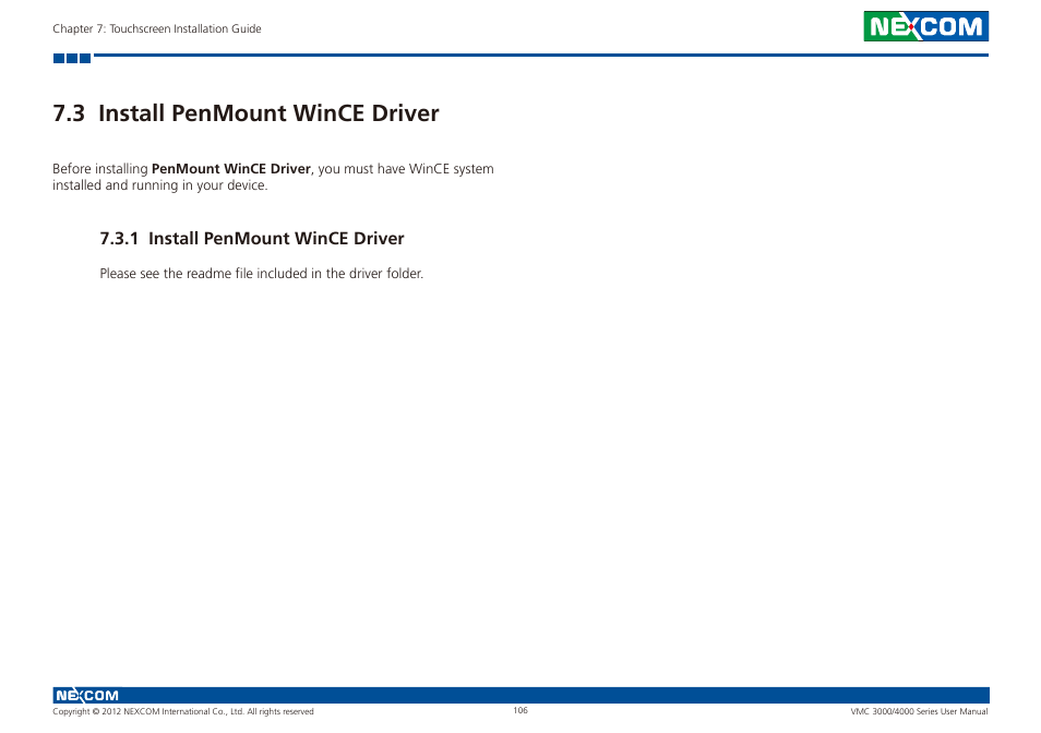 3 install penmount wince driver, 1 install penmount wince driver | NEXCOM VMC 3000/ 3001 User Manual | Page 122 / 190