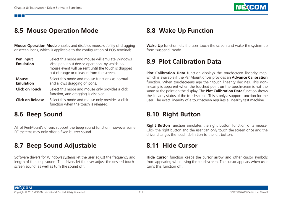 5 mouse operation mode, 6 beep sound, 7 beep sound adjustable | 8 wake up function, 9 plot calibration data, 10 right button, 11 hide cursor | NEXCOM VMC 3000/ 3001 User Manual | Page 127 / 190