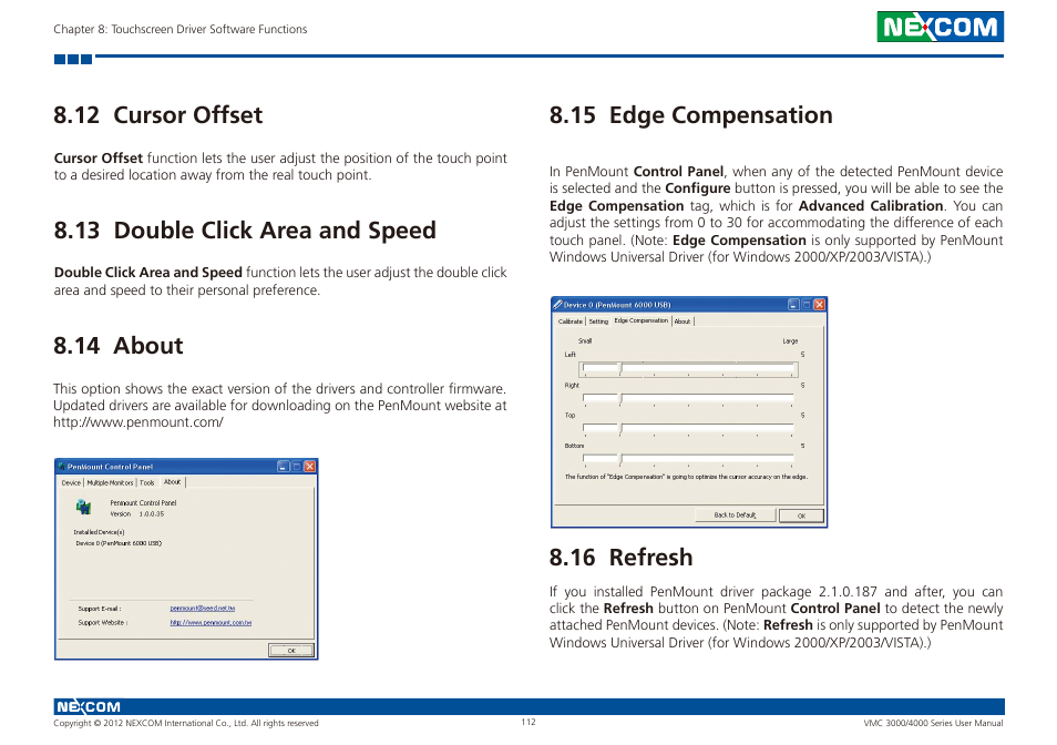 12 cursor offset, 13 double click area and speed, 14 about | 15 edge compensation, 16 refresh | NEXCOM VMC 3000/ 3001 User Manual | Page 128 / 190