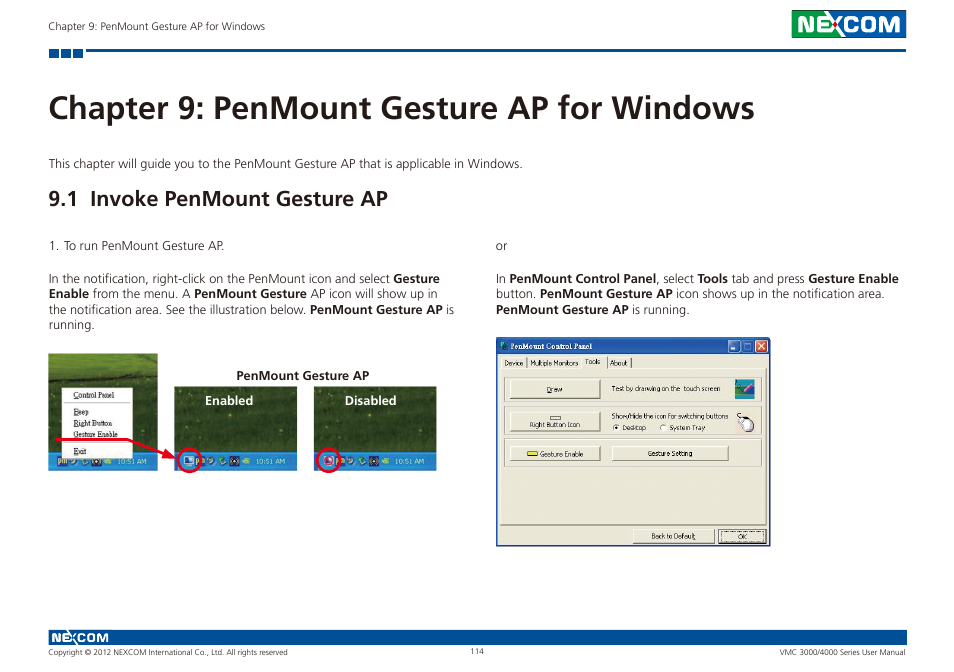 Chapter 9: penmount gesture ap for windows, 1 invoke penmount gesture ap | NEXCOM VMC 3000/ 3001 User Manual | Page 130 / 190