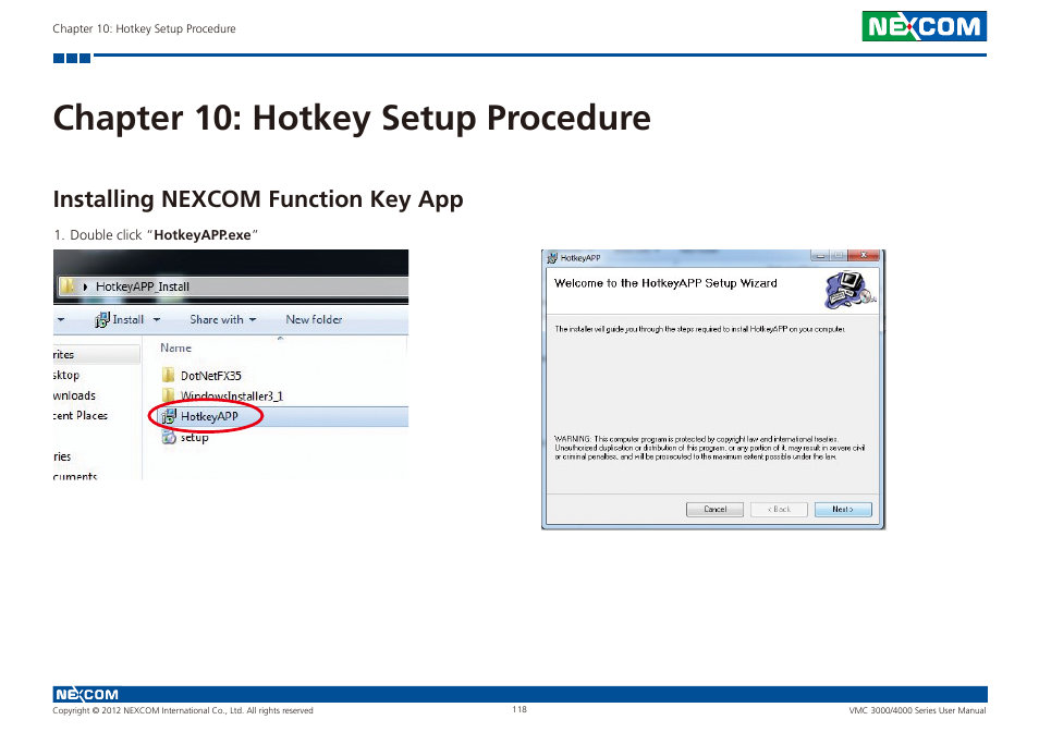 Chapter 10: hotkey setup procedure, Installing nexcom function key app | NEXCOM VMC 3000/ 3001 User Manual | Page 134 / 190