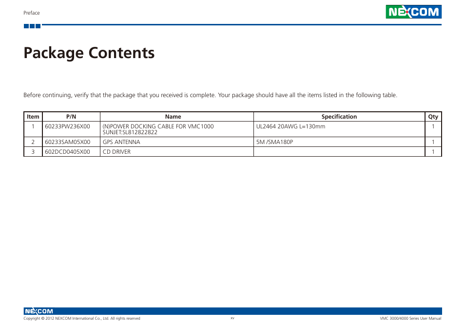 Package contents | NEXCOM VMC 3000/ 3001 User Manual | Page 15 / 190