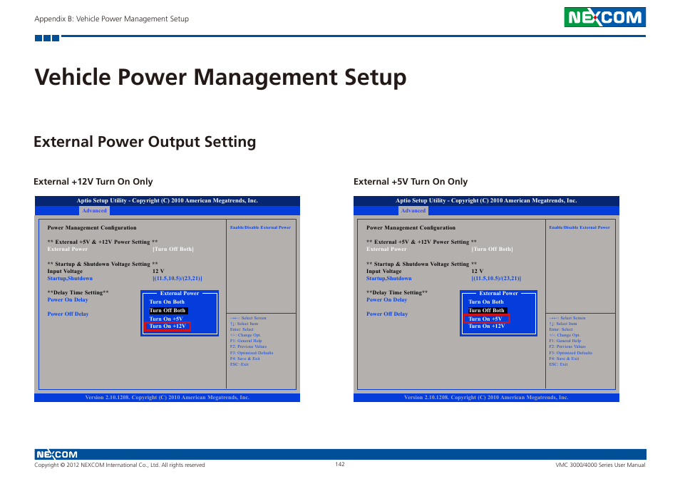 Vehicle power management setup, External power output setting | NEXCOM VMC 3000/ 3001 User Manual | Page 158 / 190