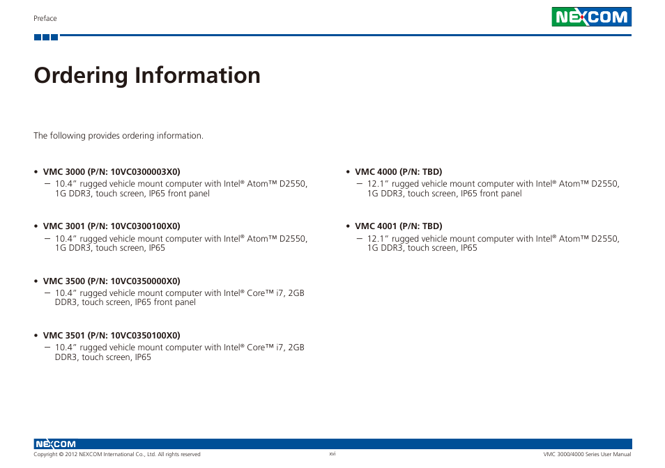 Ordering information | NEXCOM VMC 3000/ 3001 User Manual | Page 16 / 190