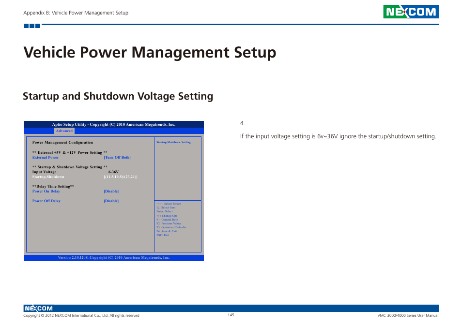 Vehicle power management setup, Startup and shutdown voltage setting | NEXCOM VMC 3000/ 3001 User Manual | Page 161 / 190