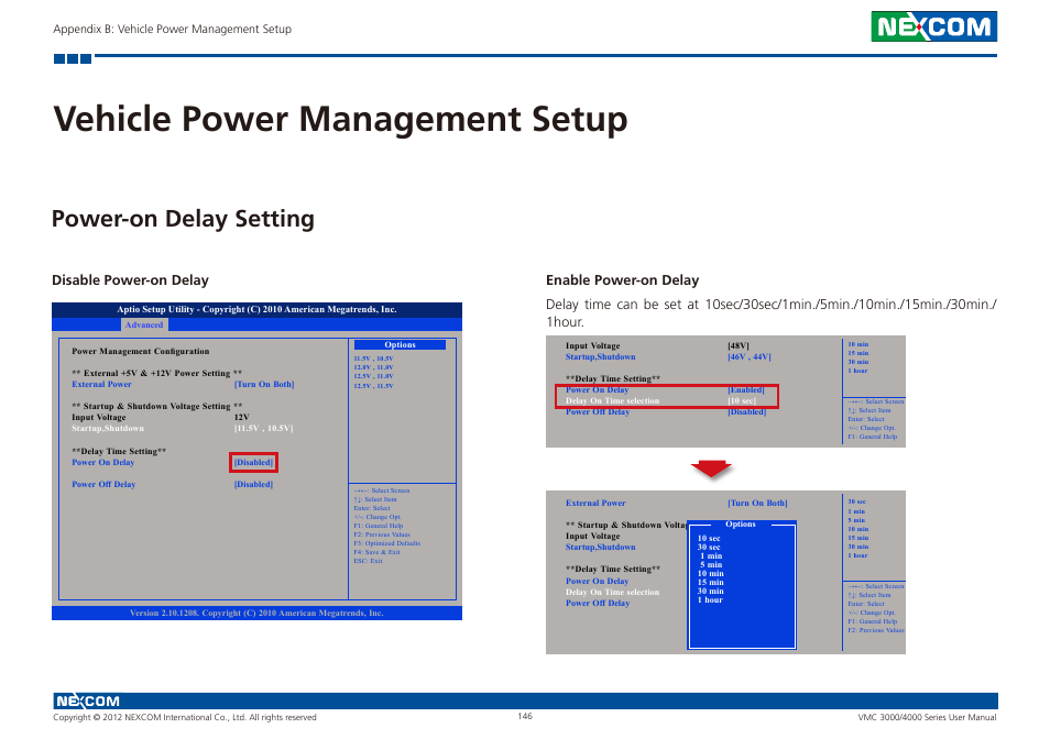 Vehicle power management setup, Power-on delay setting | NEXCOM VMC 3000/ 3001 User Manual | Page 162 / 190