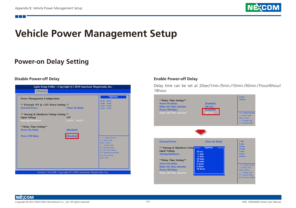 Vehicle power management setup, Power-on delay setting, Disable power-off delay | NEXCOM VMC 3000/ 3001 User Manual | Page 163 / 190