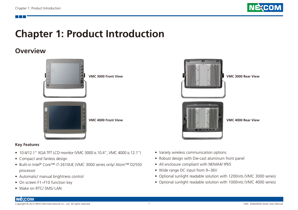 Chapter 1: product introduction, Overview key features, Overview | NEXCOM VMC 3000/ 3001 User Manual | Page 17 / 190