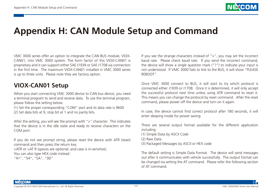 Appendix h: can module setup and command, Viox-can01 setup | NEXCOM VMC 3000/ 3001 User Manual | Page 173 / 190