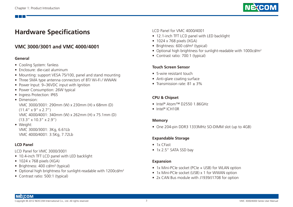 Hardware specifications, Vmc 3000/3001 and vmc 4000/4001 | NEXCOM VMC 3000/ 3001 User Manual | Page 19 / 190