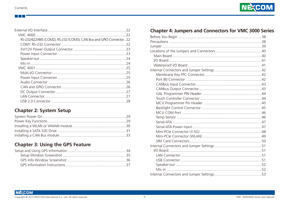 Chapter 2: system setup, Chapter 3: using the gps feature | NEXCOM VMC 3000/ 3001 User Manual | Page 3 / 190